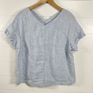 GR Nature Shirt Womens 42 Blue Short Sleeve 100% Linen V Neck Lightweight Top